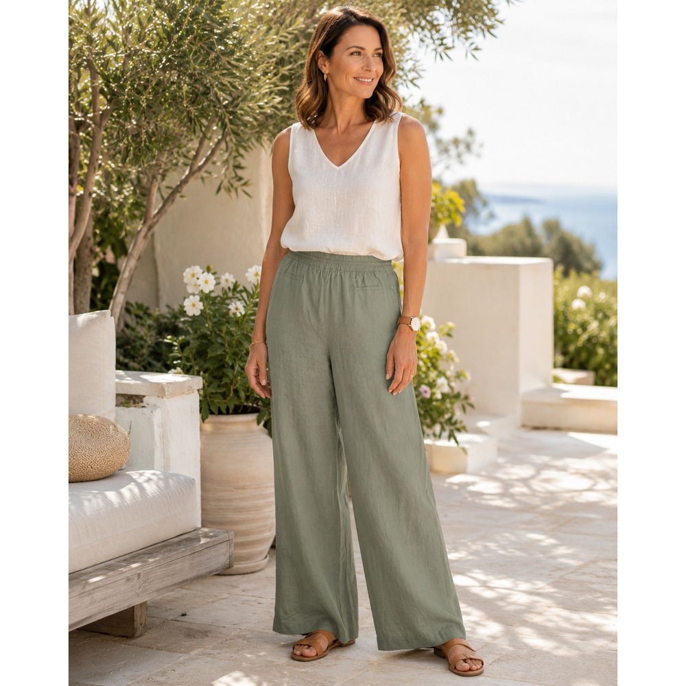Athleta Wide Leg Pants Womens Size L Sage Green 100% Linen Drawstring Relaxed